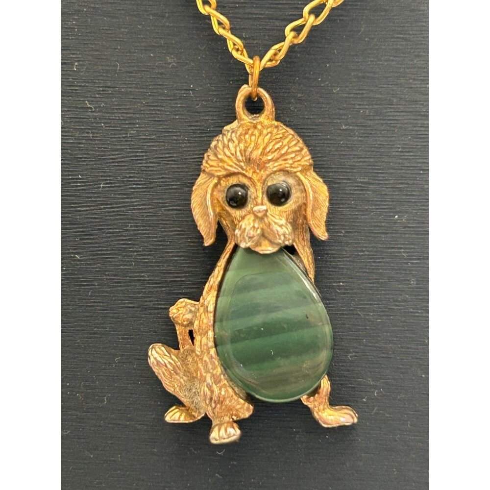 Vintage Gold-Colored Poodle Pendant Necklace With Green Lucite Belly Dog Design - Picture 2 of 5